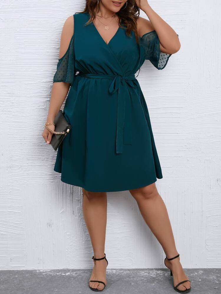 Plus Cold Shoulder Belted Dress | SHEIN
