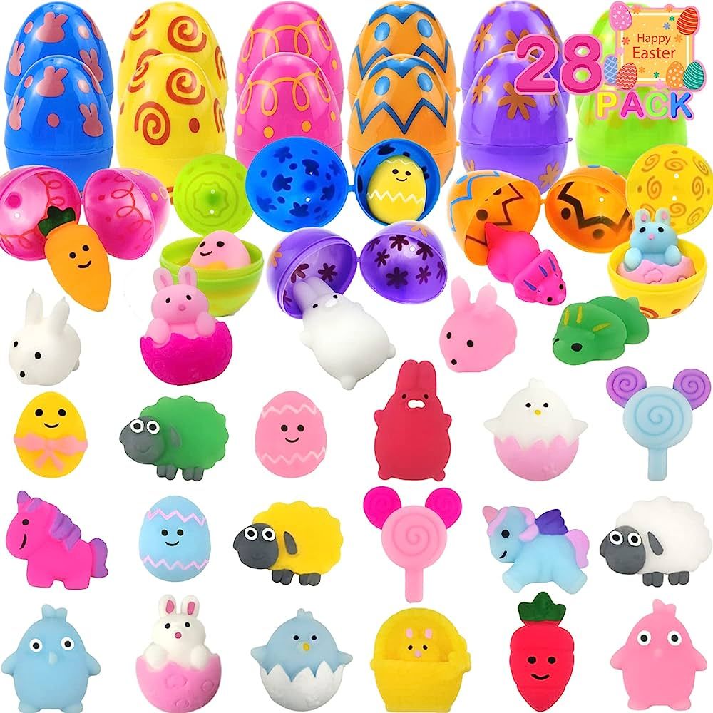 Leetous Easter Egg Basket Stuffer Fillers, 28 Pack Mochi Squishy toys with 28 Plastic Eggs, Easte... | Amazon (US)