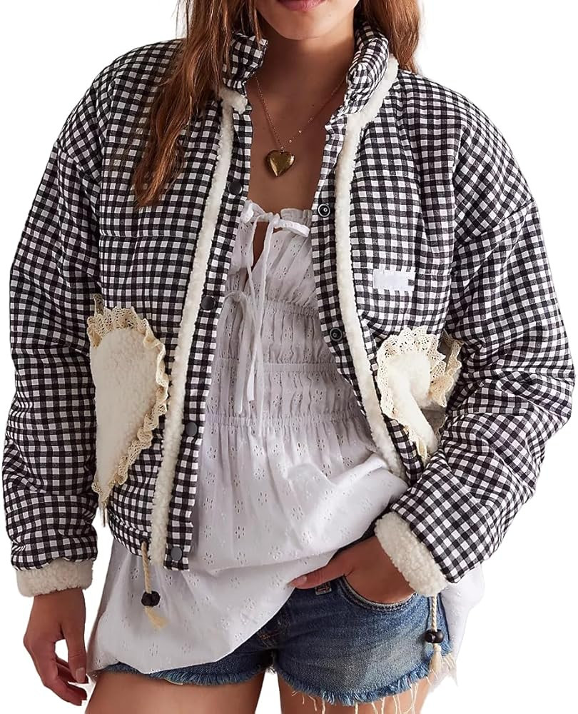 SCOFEEL Womens Cropped Puffer Jacket Winter Gingham Snap Button Long Sleeve Heart Short Down Coat... | Amazon (US)