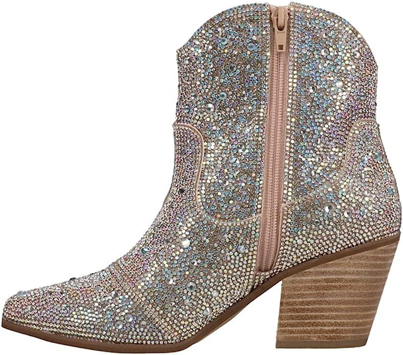 Matisse Womens Harlow Rhinestone Snip Toe Casual Boots Ankle Mid Heel 2-3" - Silver | Amazon (US)