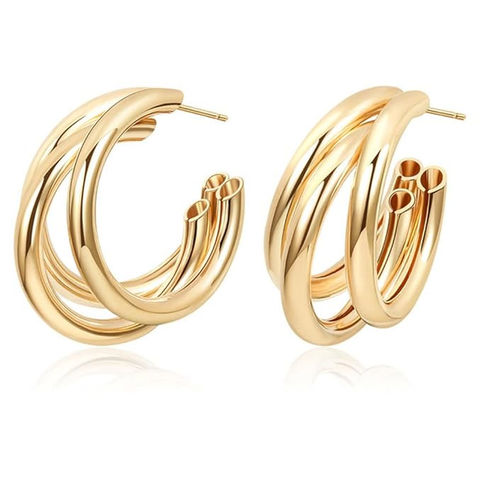 Triple Hoop Earrings Chunky Tube Gold Silver Earrings Minimal Statement Fashion for Women (gold) | Amazon (US)