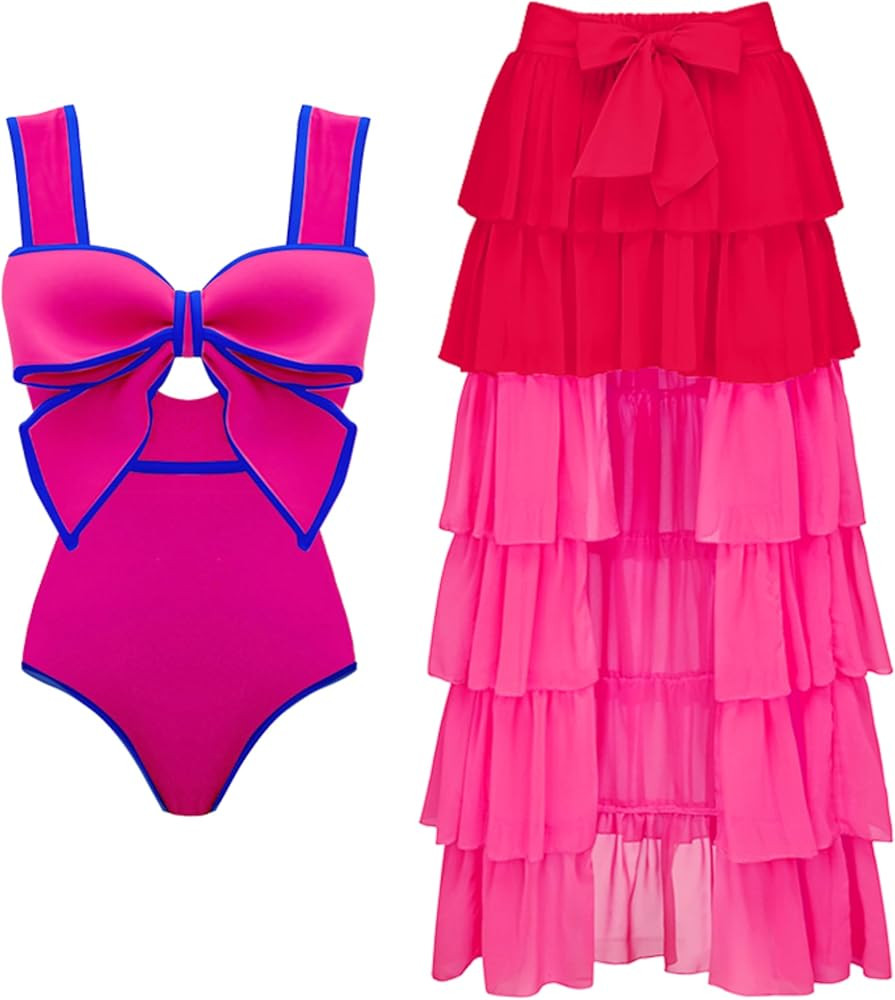 FLAXMAKER Women's Bow Color Block Pink One Piece Swimsuit and Skirt Set (Large, Swimsuit and Skir... | Amazon (US)