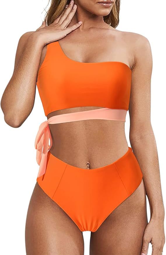 MOOSLOVER Women One Shoulder High Waisted Bikini Tie High Cut Two Piece Swimsuits | Amazon (US)