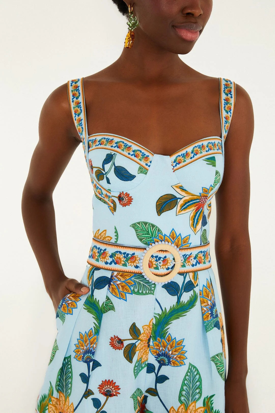 Light Blue Floral Delhi Euroflax\u0099 Premium Linen Romper | FARM Rio | FarmRio (US)