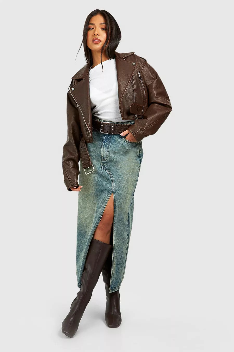 Petite Vintage Wash Asymmetric Denim Maxi Skirt | boohoo (US & Canada)