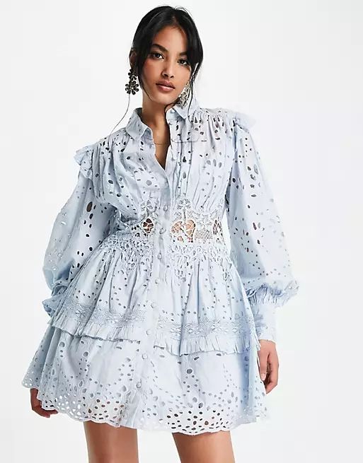 ASOS EDITION broderie mini shirt dress in pale blue | ASOS (Global)