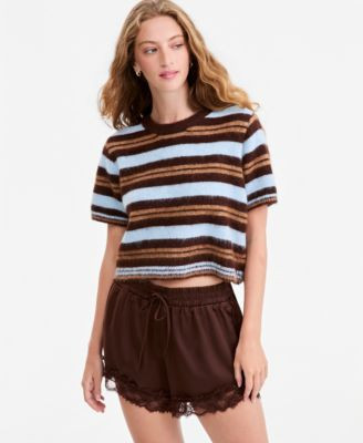 Women's Short-Sleeve Striped Brushed Crop Sweater, Macy's Exclusive | Macy's