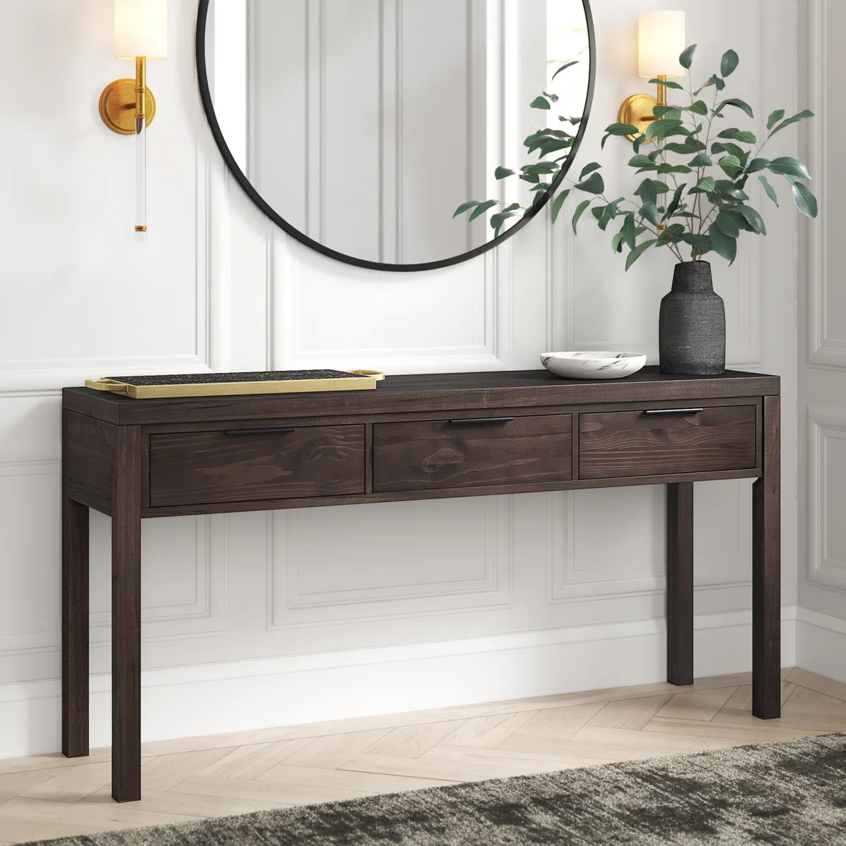 Hollander 60"W Solid Wood Wide Contemporary Entryway Console Table in Warm Walnut Brown with 3 Dr... | Wayfair North America