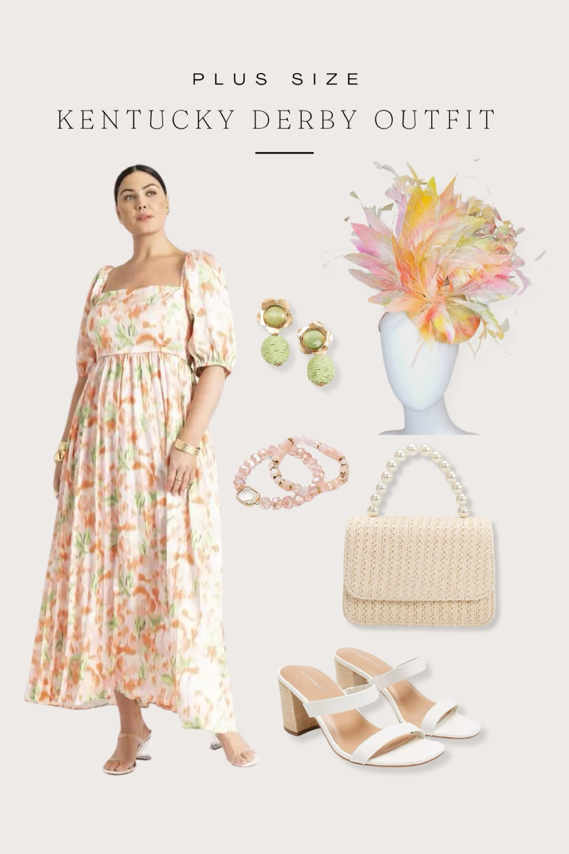 Plus size Kentucky derby outfit idea. Light peach, pink, greens. Spring dress outfit. 

#LTKplussize #LTKover40 #LTKSeasonal
