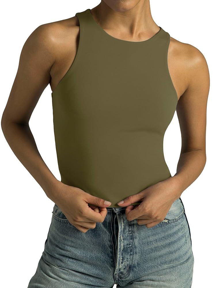 Colorfulkoala Women's High Neck Tank Tops Body Contour Sleeveless Crop Double Lined Yoga Shirts | Amazon (US)