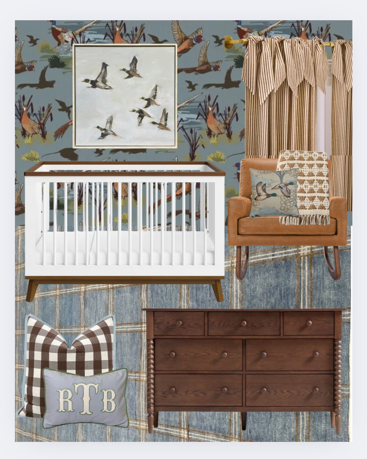 🦆✨ Southern nursery dreams come to life! I wanted this space to feel timeless yet warm — rich blues, cognac leather, brass accents, and a hint of southern sporting charm. The mix of textures — plaid, antelope, gingham, and pheasant print — brings such cozy depth. Perfect for a little boy’s room that feels both refined and down-home. 💙🤎

Shop the look ↓
🦆 Wallpaper | 🪑 Rocker | 🍼 Crib | 💡 Sconces | 🦌 Bench | 🪞 Dresser | 🧸 Rug | 💤 Pillows

#nurseryinspo #southernhome #classicnursery #boysnursery #ltknursery #ltkhome #cozynursery #southernstyle #grandmillennialdecor

#LTKBaby #LTKHome #LTKBump