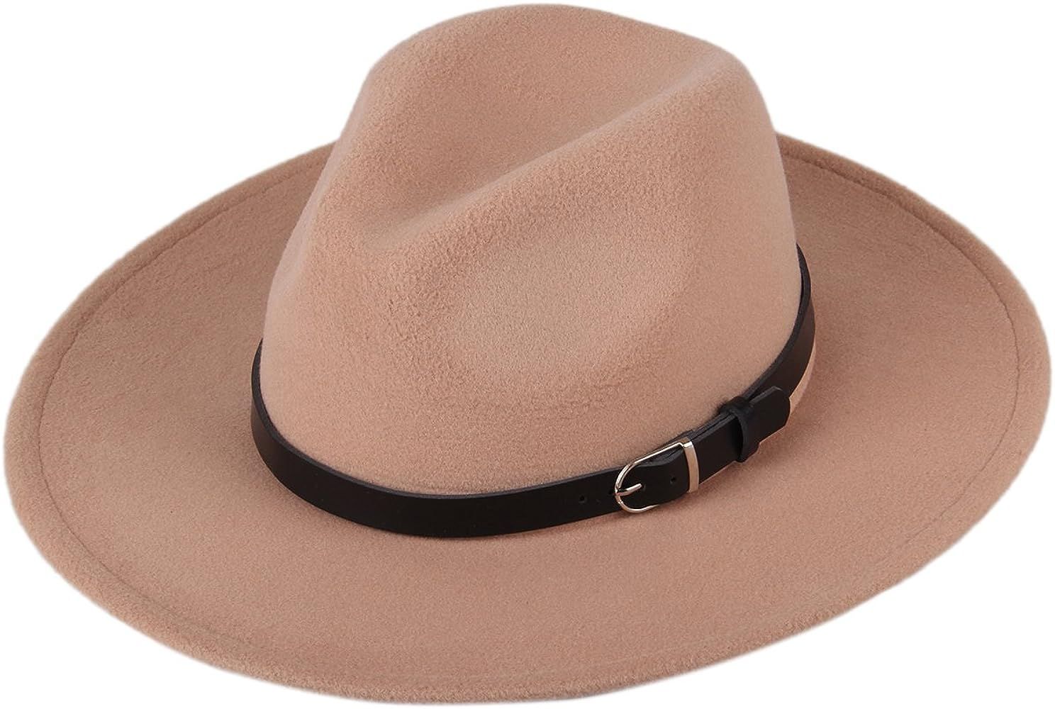 Women's Wide Brim Wool Fedora Panama Hat with Belt | Amazon (US)