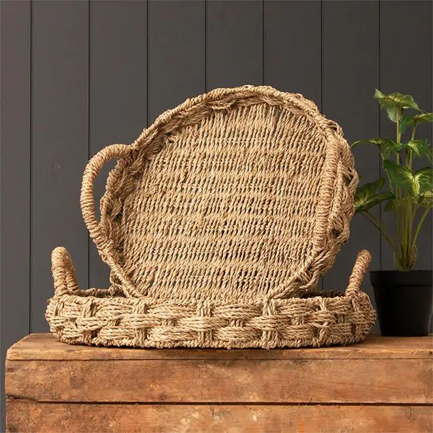 Handled Round Braided Seagrass Trays Set of 2 | Antique Farm House
