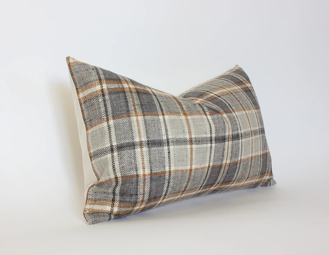 Brown Plaid Lumbar Pillow, Windowpane Beige Lumbar Cushion, Cream Gray Brown Pillow, Ivory Charco... | Etsy (US)
