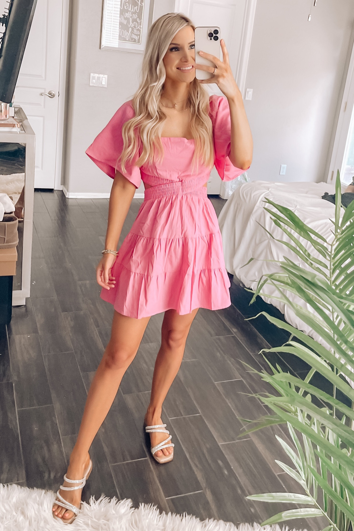 hot pink smocked dresses Hot Pink Puff Sleeve Dress main image 1