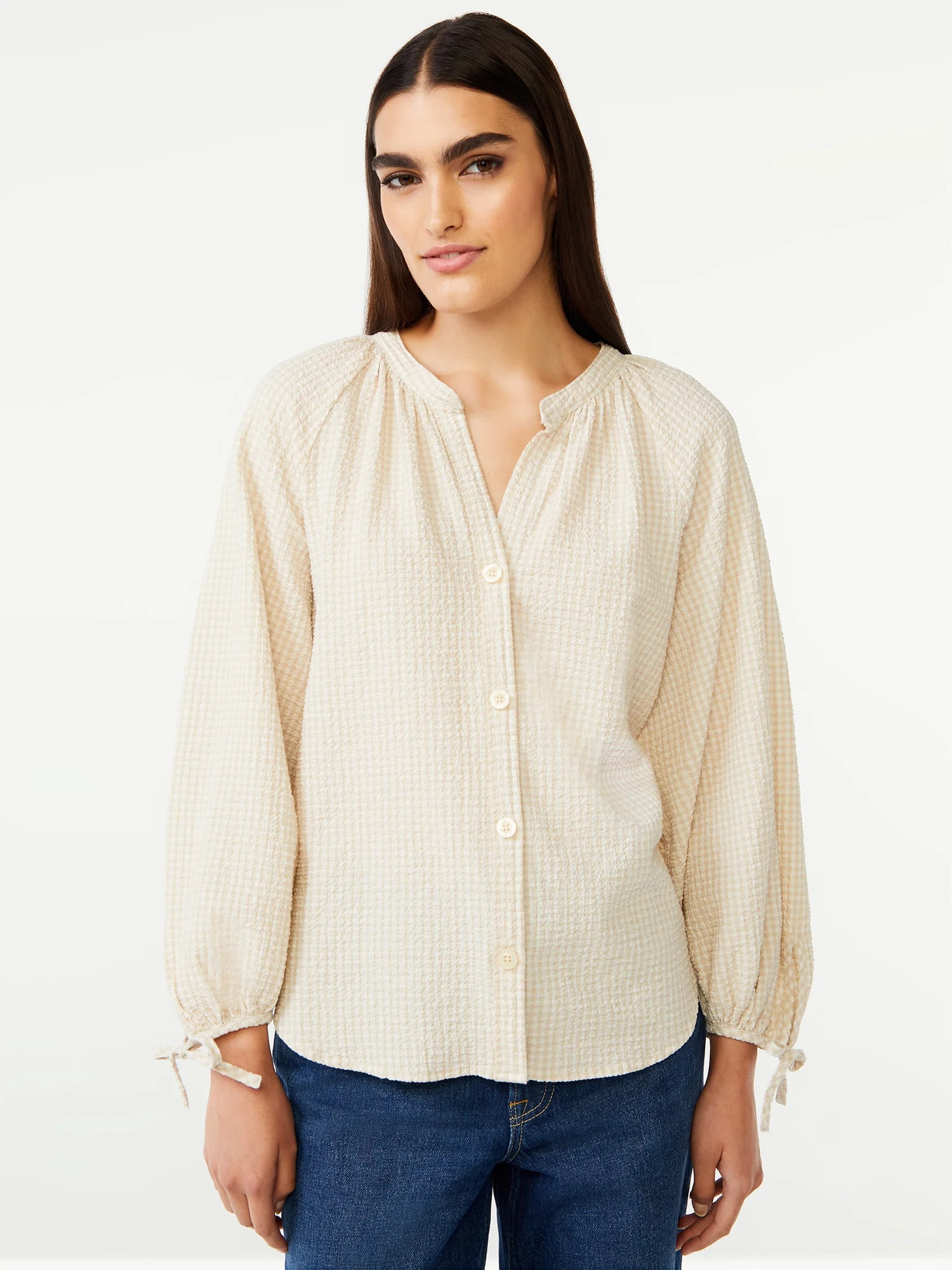 Free Assembly Women's Gathered Sleeve Button Down Top - Walmart.com | Walmart (US)