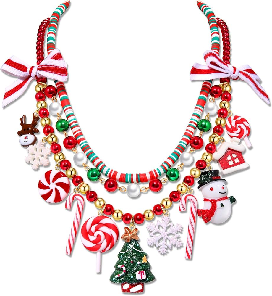 Christmas Layered Necklace for Women Red Green Gold Clay Beads Xmas Tree Snowflake Candy Cane Lol... | Amazon (US)