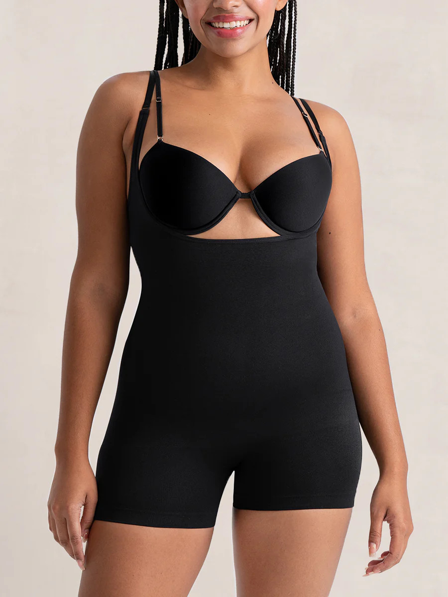 Shapermint Essentials Open Bust Short Bodysuit Shapewear Black M | Shapermint