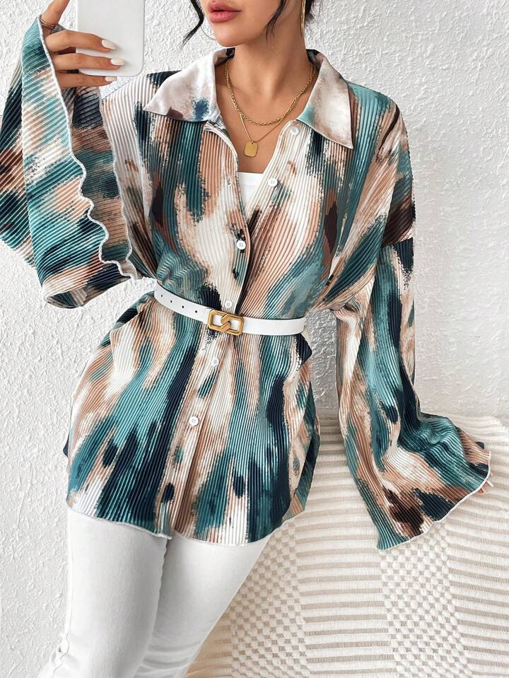 SHEIN Privé Damen Batik Geblümtes Hemd Mit Ausgestelltem Ärmel Und Plissee Design (gürtel Nic... | SHEIN