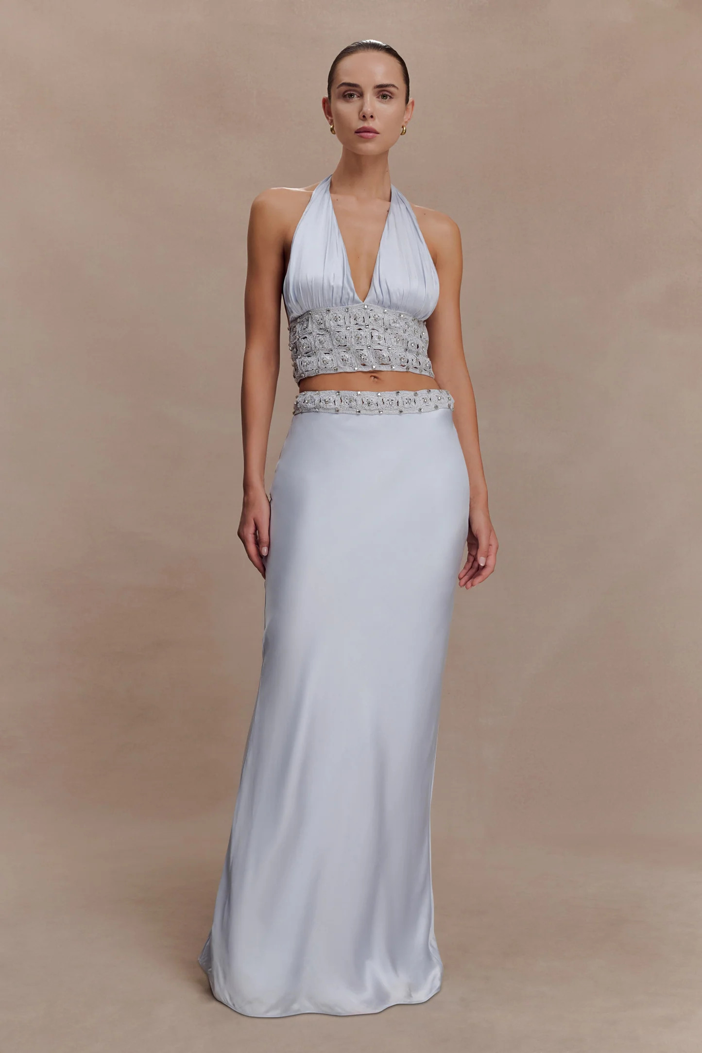 Clementine Chiffon Hand Beaded Maxi Skirt - Pale Blue | Meshki UK