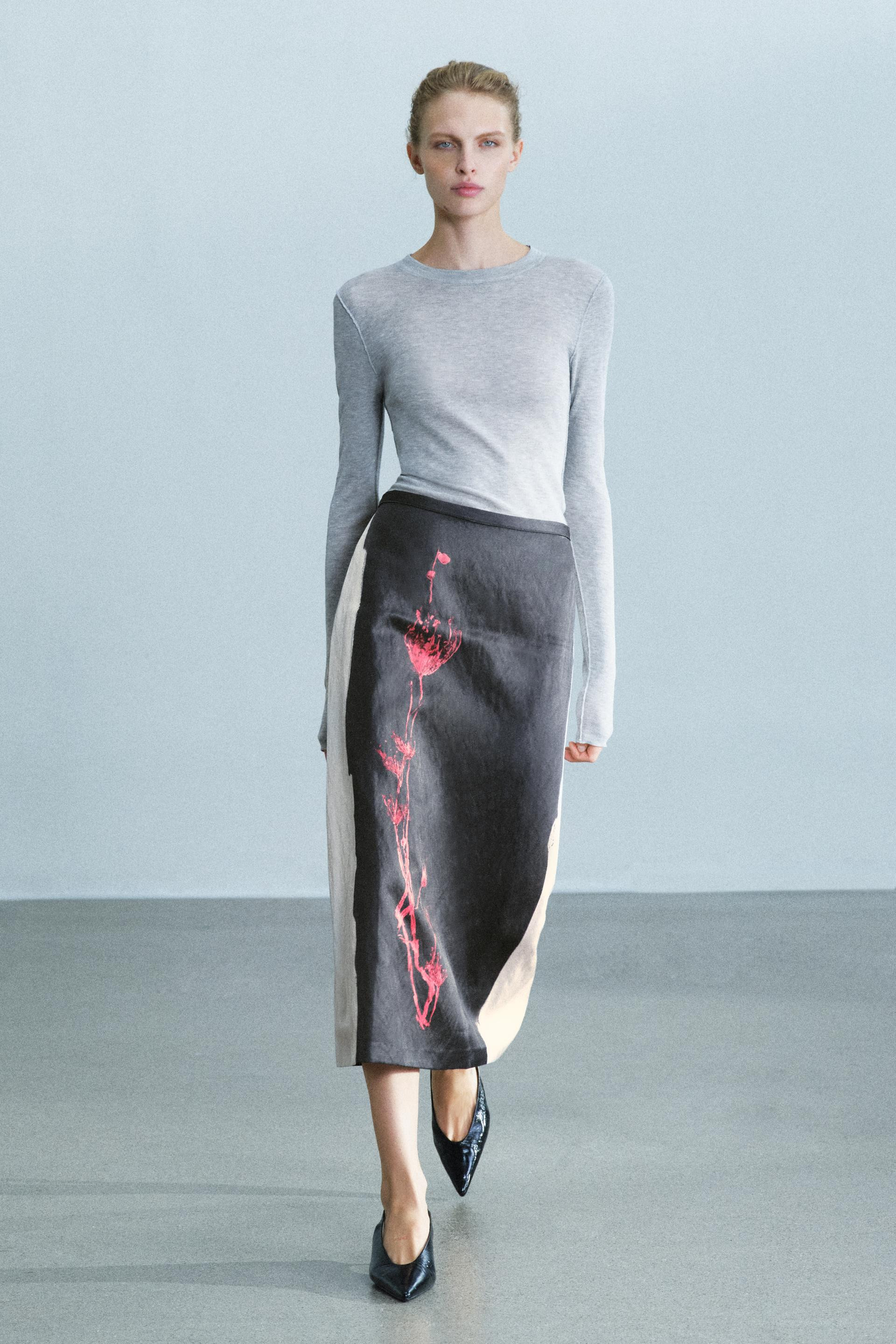 Zara - Zw Collection Printed Midi Skirt - Taupe Grey - L - Woman | Zara UK