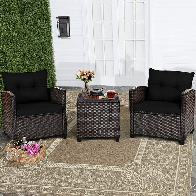 Costway 3PCS Patio Rattan Furniture Set Cushion Conversation Set Sofa Coffee Table Black | Walmart (US)