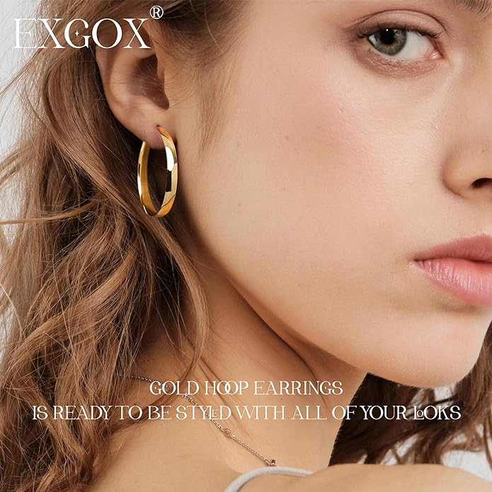EXGOX 5mm Wide Gold Hoop Earrings for Women,Sterling Silver Hoop Earrings Large Silver Hoop Earri... | Amazon (US)