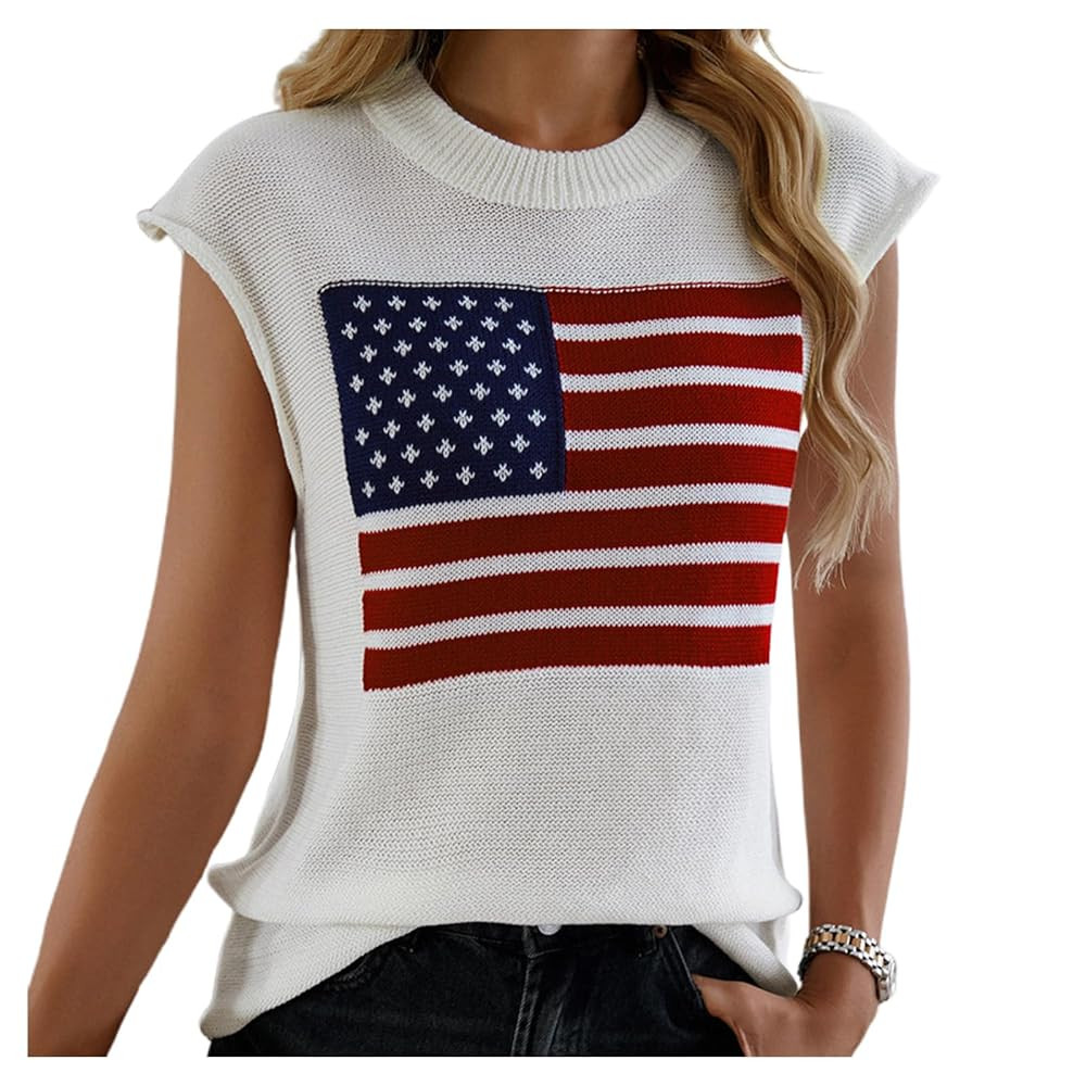 iTranyee Women Casual Cap Sleeve Sweater Vest Loose American Flag Knit Tank Top Loose Crew Neck K... | Amazon (US)