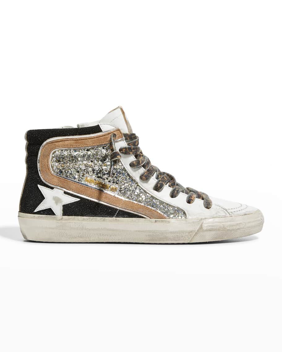 Golden Goose Slide Mid-Top Glitter Leather Sneakers | Neiman Marcus