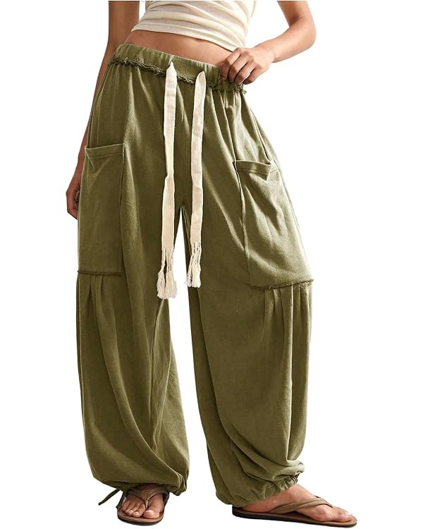RoseSeek Women's Baggy Boho Harem Pants Wide Leg Sweatpants with Pockets | Drawstring Waist, Casu... | Amazon (US)