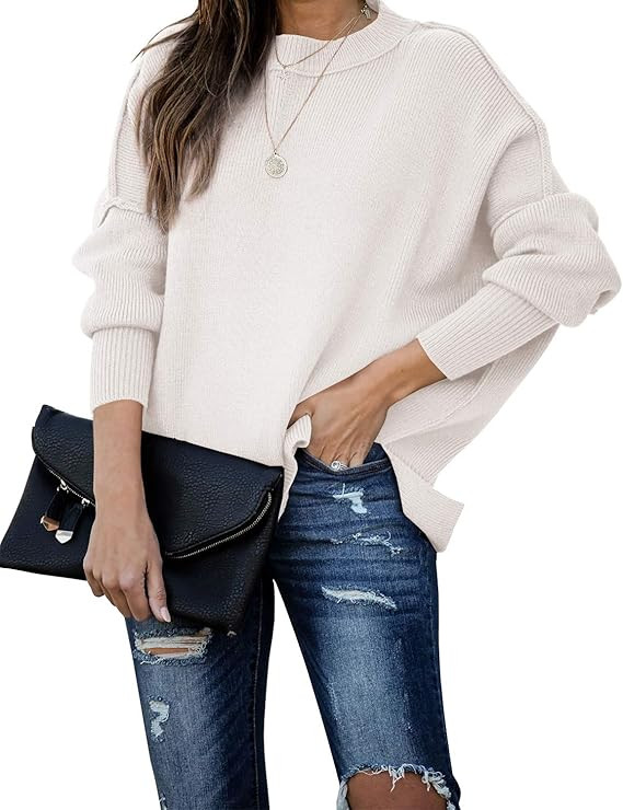 SERAIH Womens Batwing Sleeve Pullover Side Split Oversized Solid Sweaters Loose Drop Shoulder Slo... | Amazon (US)