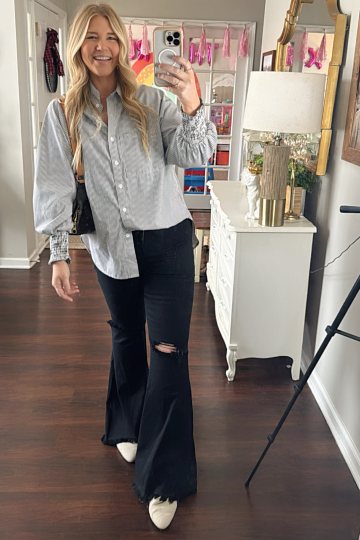 Button down, classy, striped button down,  detailed sleeves, ripped flares, flares, flare jeans, plus flare jeans, plus, plus size, midsize, ripped flares, black flare jeans, bumbag, church, church attire, curvy, date night, work, preppy

#LTKmidsize #LTKplussize #LTKMostLoved