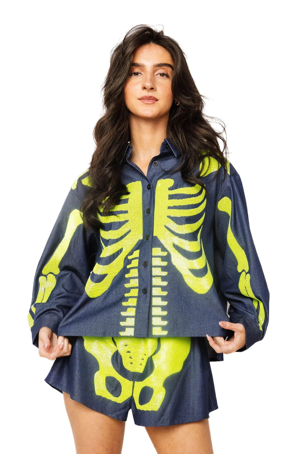Dark Denim & Neon Green Skeleton Button Up Top | Queen of Sparkles