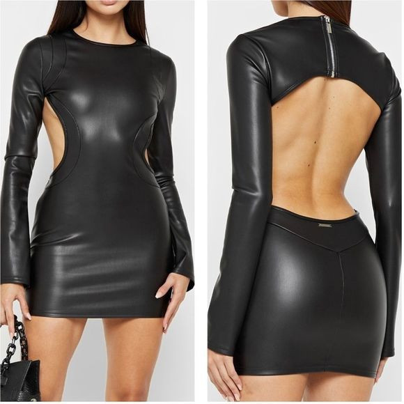 MANIERE DE VOIR VEGAN LEATHER BACKLESS MINI DRESS CUTOUT BLACK SIZE 8 NEW | Poshmark