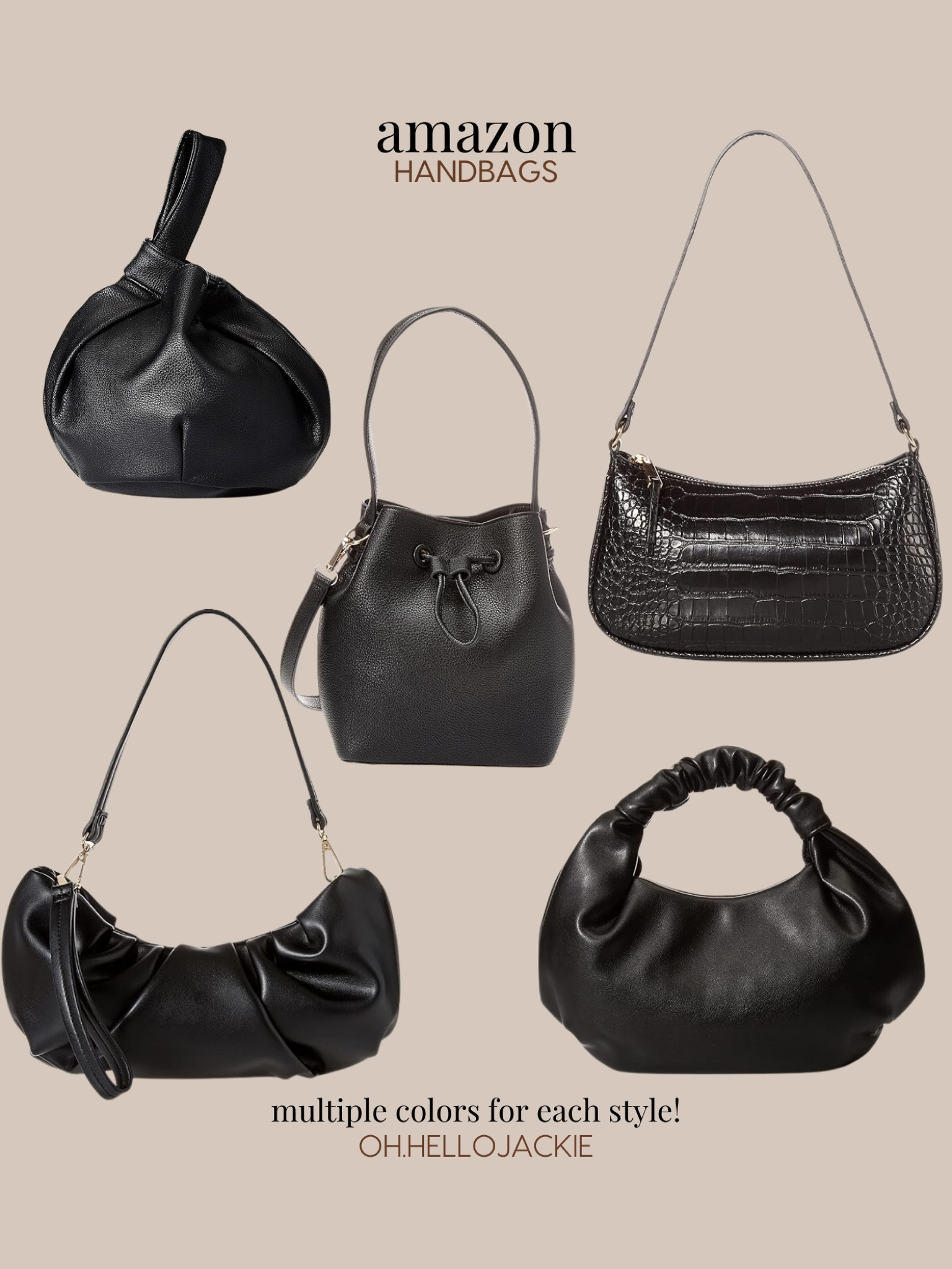 Affordable AMAZON finds! They have such an amazing collection or purses, hand bags, shoulder bags, back packs, etc. I’ll be sharing some of my faves!

Approx $40 or less! Black faux leather - knotted looking hand bag, cinched bucket bag, funky long handbag, black croc shoulder bag, twisted ruched strap purse

#LTKItBag #LTKSaleAlert #LTKFindsUnder50