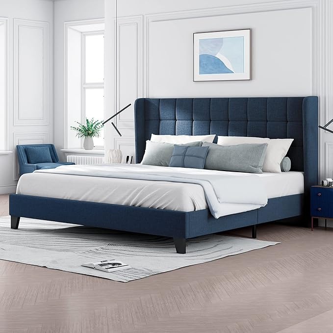 Allewie King Size Platform Bed Frame with Wingback, Upholstered Square Stitched Headboard and Woo... | Amazon (US)