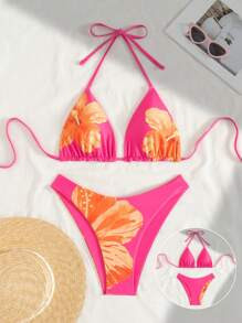 Swim Mod Spring Break Women's Fashion Vacation Multi-Color Printed Halter Backless Top And Lovely... | SHEIN