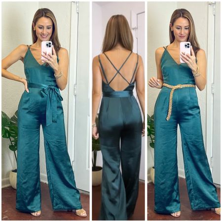 Holiday party look! This wide leg green jumpsuit is so flattering and comfy!! Straps open back, adjustable straps, wide leg, and tie belt for a tailored look!  Easily swap out belt for another look! Wearing a small and I’m 5’4” for reference. Also comes in pink and light mocha. Shoes tts. This look is also great for date night, family
Holiday pics, or a wedding guest look, esp during holiday season! 😍



#LTKSeasonal #LTKHoliday #LTKunder100