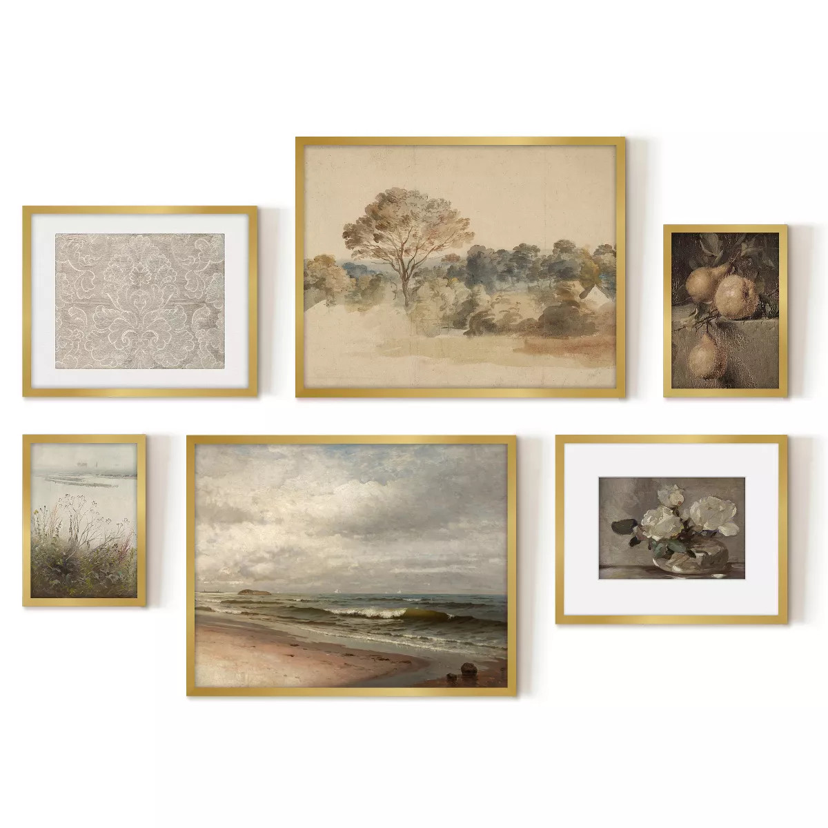 Americanflat 6 Piece Vintage Gallery Wall Art Set - Elm Tree Landscape, The Shore, Woven Silk Tex... | Target