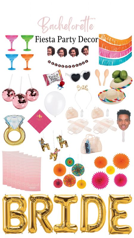 Bachelorette Fiesta Party Decor! 

White Heart-Shaped Sunglasses, Pink Disco Ball-Shaped Plastic Cups with Lids & Straws, Bride Headband, balloons, Napkins with Gold Foil, Neon Disposable Plastic Margarita Glasses, Hanging Garland Decorations, Mini Tabletop Sombreros 

#LTKGiftGuide #LTKParties #LTKFindsUnder50