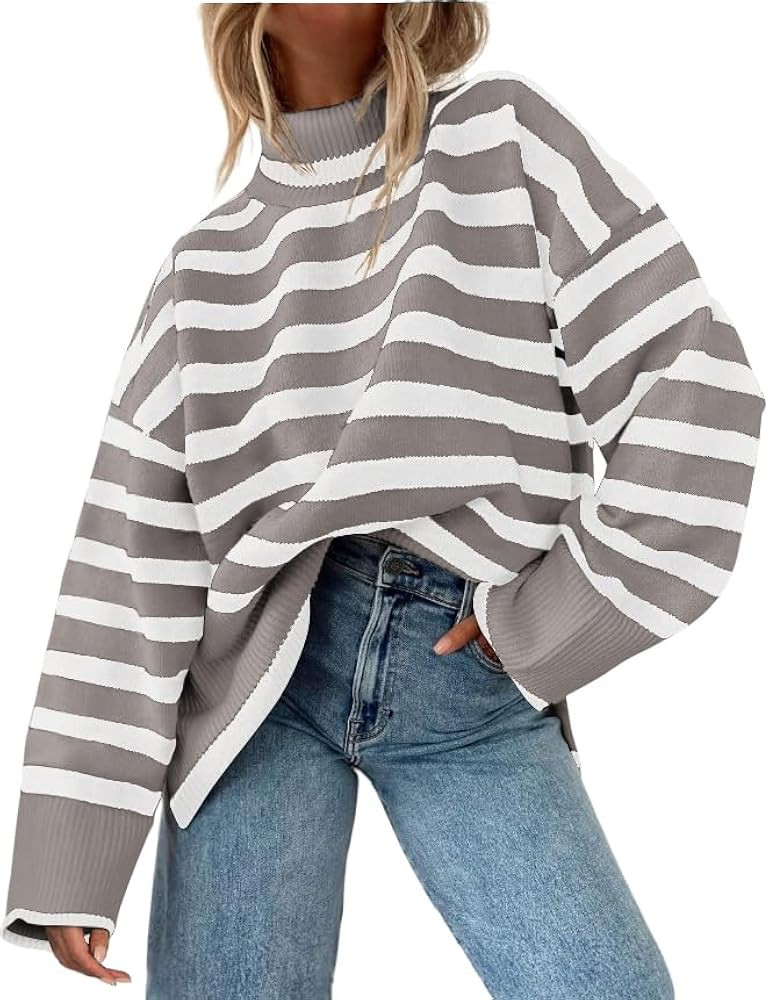 AGSEEM Fall Sweaters for Women Pullover Long Sleeve Turtleneck Striped Cable Knit Side Slit Tops ... | Amazon (US)