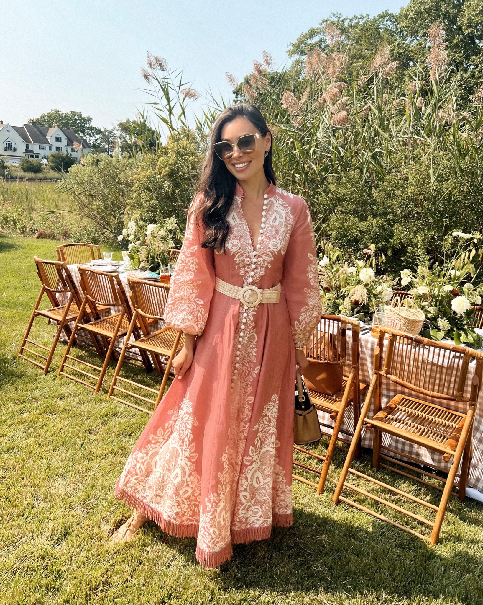 Kat Jamieson of With Love From Kat wears a pink floral Zimmermann dress to a baby shower.  Fall dress, florals, midi dress, maxi dress, bohemian.

#LTKSeasonal #LTKstyletip