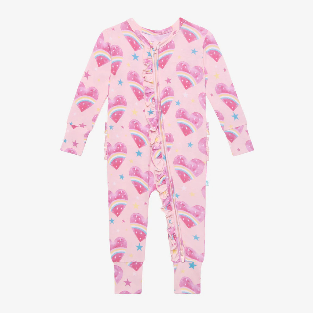 Hearts Pink Ruffled Zippered One Piece | Rainbow Hearts | Posh Peanut