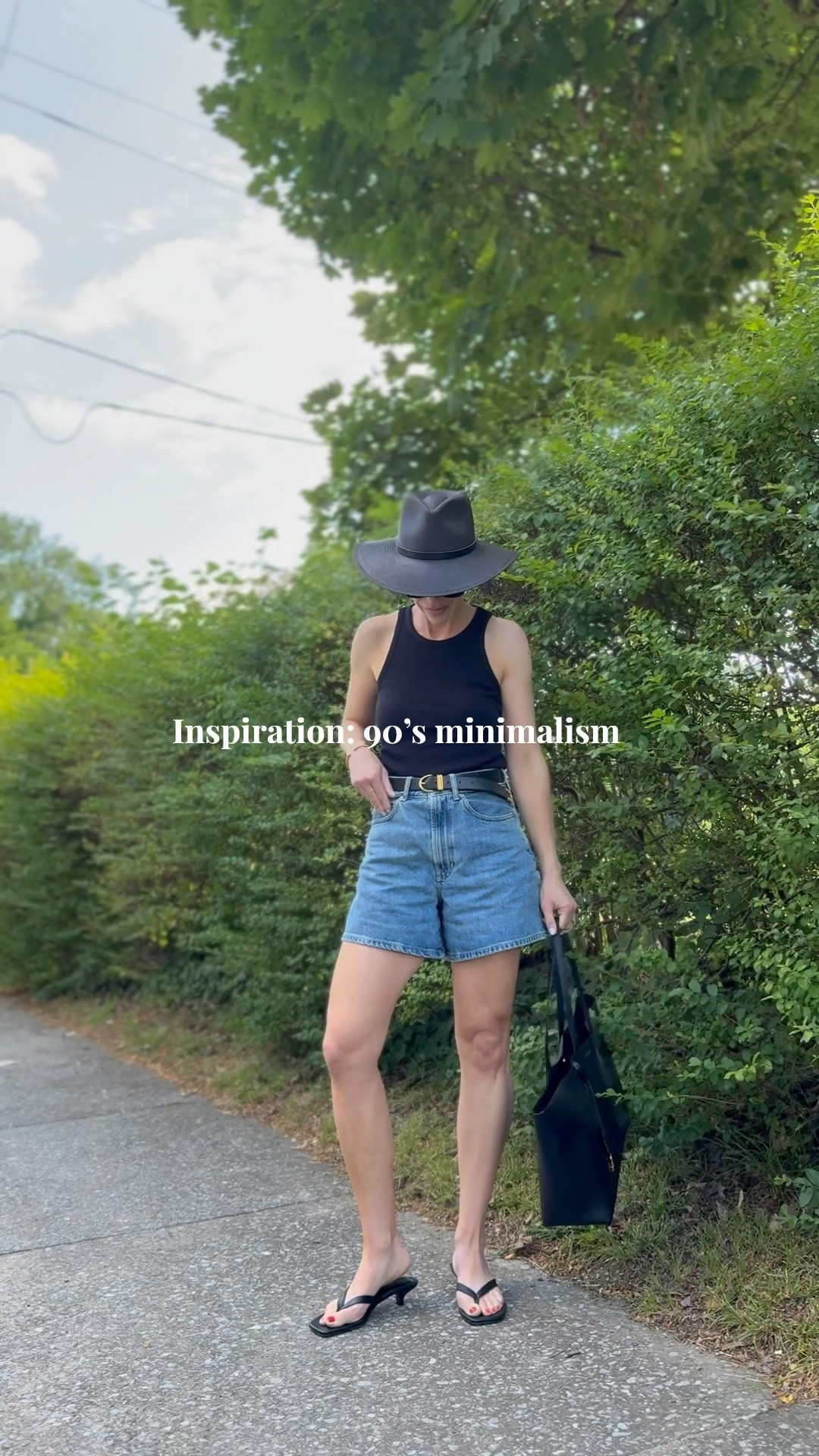 90’s minimalism, tank top with denim shorts, high rise denim shorts, @Janessa Leone black straw hat, kitten heel thong sandals

#LTKSeasonal #LTKOver40 #LTKSaleAlert