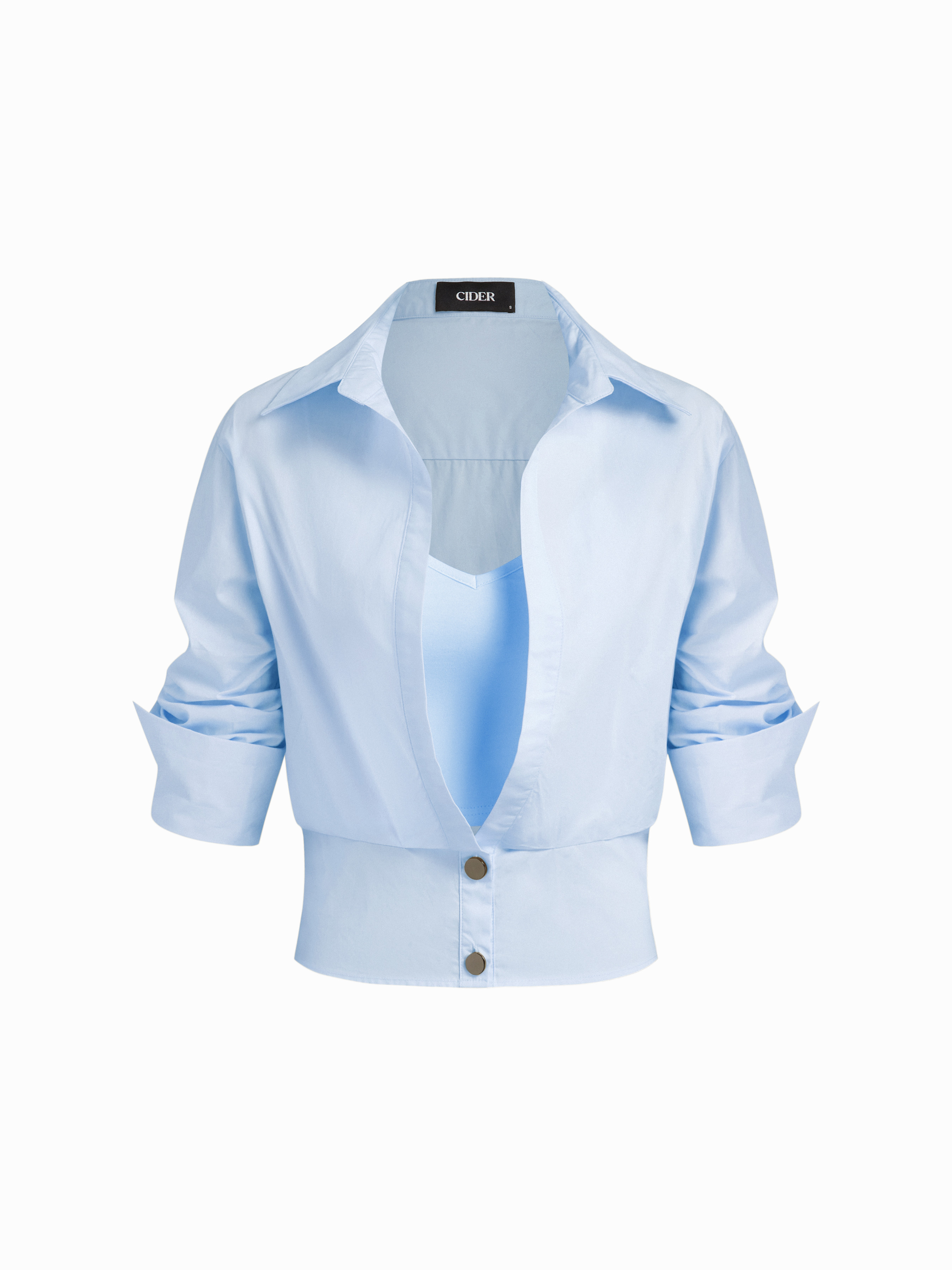 Woven Cotton Collar Mid-length Sleeve Shirt  with Cami Top For Daily Casual Work | Cider