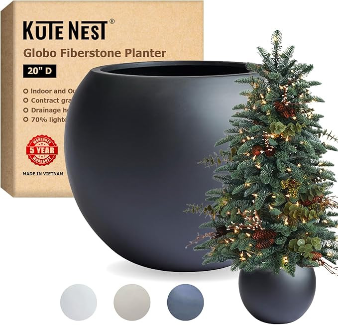 20" D Fiberstone Large Globo Planter, Black, 13.5" Pot Opening, Sphere Planter Drainage Pots, Lig... | Amazon (US)