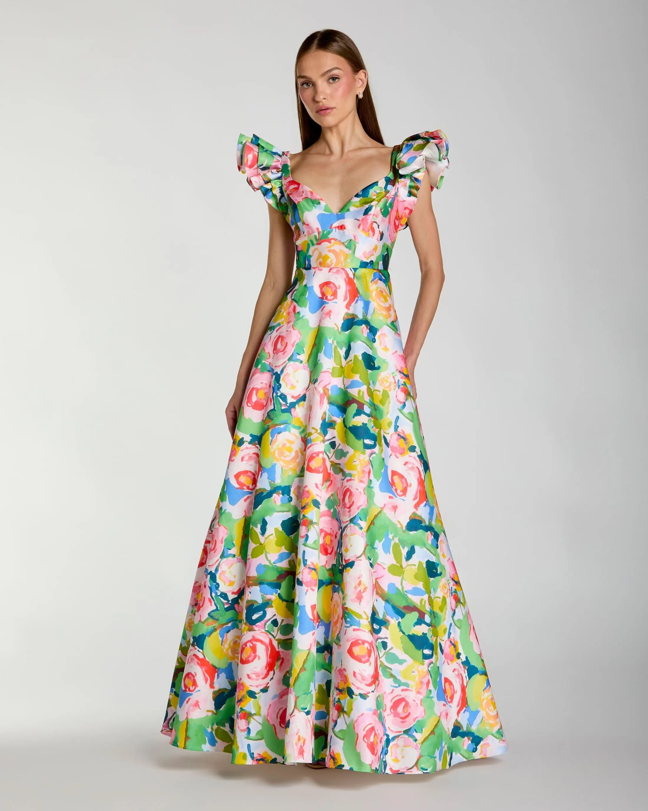 Multicolor Floral Ruffle Cap Sleeve Ball Gown | Mac Duggal | Mac Duggal