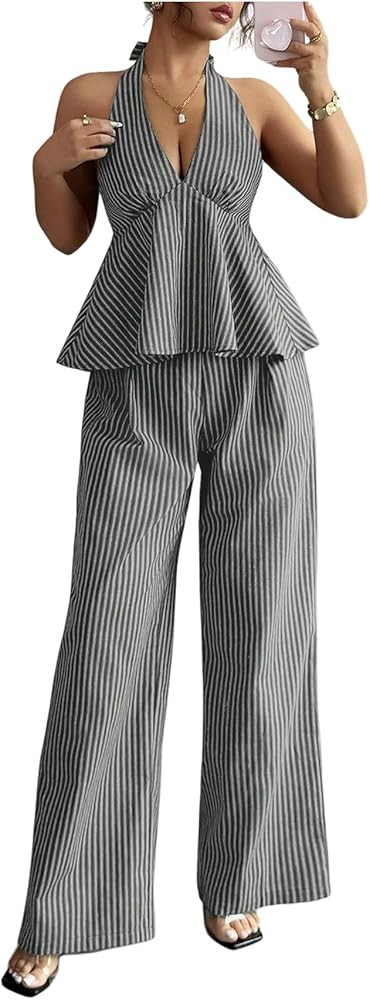 OYOANGLE Women's Two Piece Striped Outfits Backless Ruffle Halter Shirt Wide Leg Pants Business C... | Amazon (US)