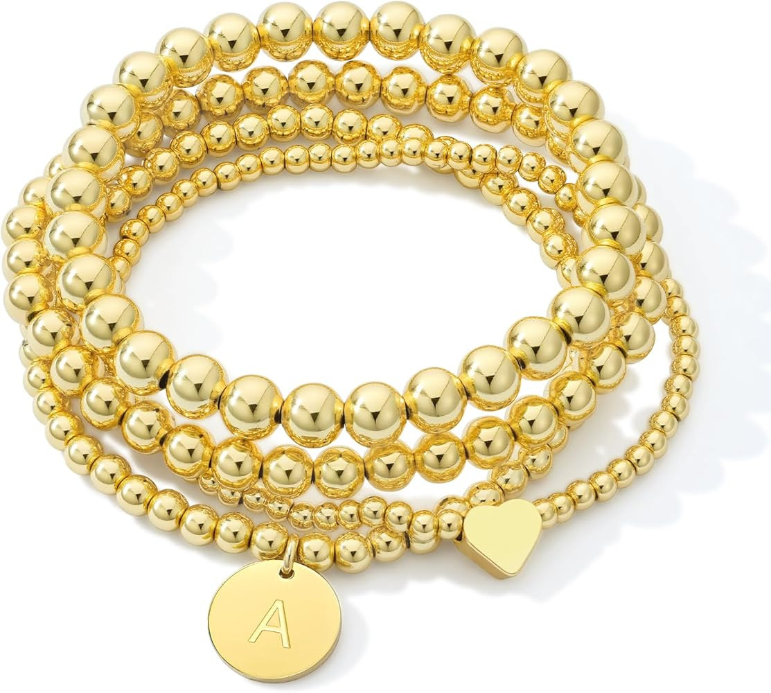 Howoo Gold Bracelets for Women Beaded Initial Bracelet Stack Dainty Heart Stretch Gold Charm Brac... | Amazon (US)