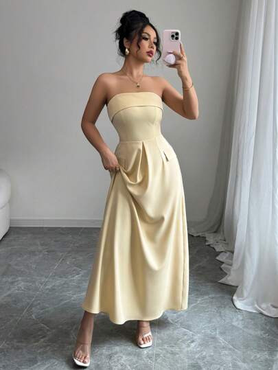 Elenzga Women's Solid Color Tube Top Pleated Elegant Mid-Length Dress | SHEIN